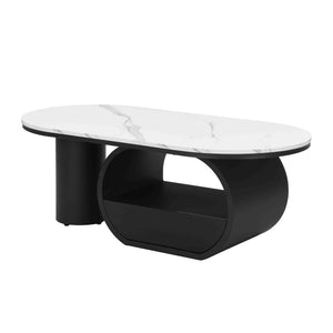 English Elm Luxury Oval Coffee Table with Faux Marble Top, Sturdy Metal Frame, Storage Drawer, Adjustable Feet Black White W821S00031
