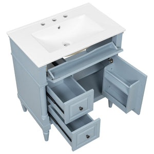 English Elm 30" Freestanding Bathroom Vanity Rubberwood Frame Ceramic Sink Flip Drawer Storage Blue+Grey N725P356062E