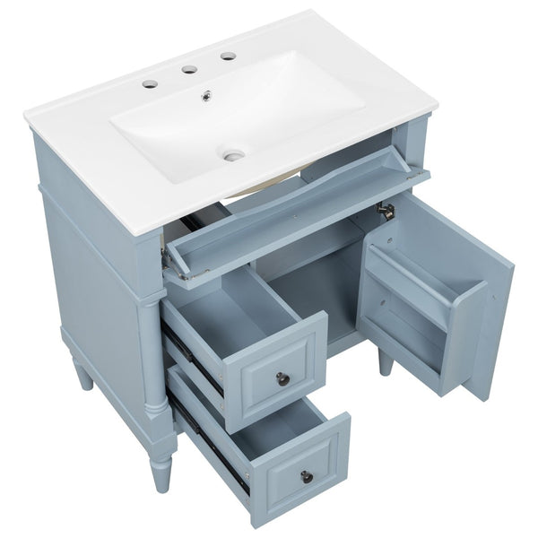 English Elm 30" Freestanding Bathroom Vanity Rubberwood Frame Ceramic Sink Flip Drawer Storage Blue+Grey N725P356062E