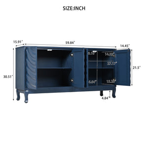 English Elm Elegant Navy Blue Sideboard, 4-Door Storage Cabinet with Arched Groove Wavy Doors, Adjustable Shelves W2696P245317