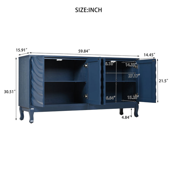 English Elm Elegant Navy Blue Sideboard, 4-Door Storage Cabinet with Arched Groove Wavy Doors, Adjustable Shelves W2696P245317