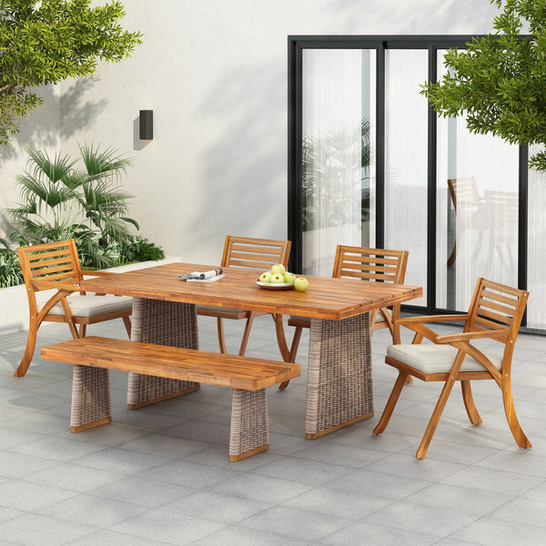 English Elm Christopher Knight Home® - Outdoor 6-Piece Acacia Wood Dining Set With Cozy Cushions & Handwoven Rattan Legs For Patios N773OD00041B