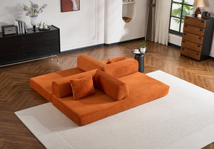 English Elm Convertible Sleeper Sofa Bed Corduroy 4-in-1 Folding Floor Couch with 35D Sponge Support and No-Assembly Orange W3434P378559