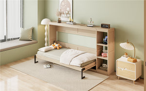 English Elm Twin Space-Saving Murphy Bed with Bookshelf and Fold-Down Desk, LVL/MDF, Compact Modern Design Natural GX002221AAN