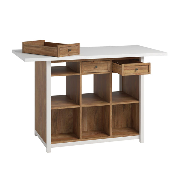 English Elm Work Table with Brown Melamine Top, 60x30x36in Sturdy Engineered Wood Workbench with Drawers & Shelves for Garage Studio B356P402743
