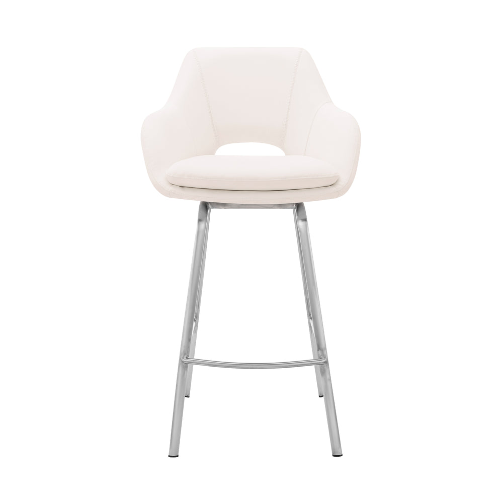 English Elm Freya 30" Swivel Bar Stool in White Faux Leather with Brushed Stainless Steel Base — Durable, Stylish Comfort B2736P268545