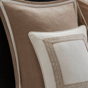 English Elm 8-piece Queen Bedding Set Slub Fabric Embroidery Velvet Accents Boutique Hotel Style Tan+Ivory B035P482955