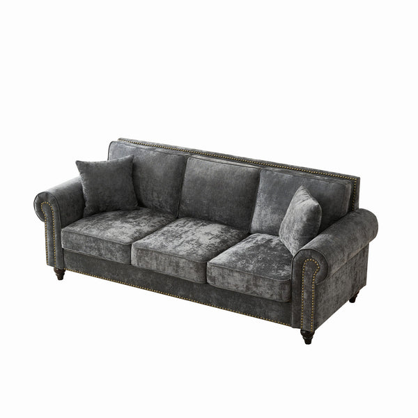 English Elm 86" Modern 3-Seater Sofa with Rolled Arms Chenille Upholstery, Nailhead Trim, Solid Wood Base for Living Room Comfort and Durability Gray W3373S00017