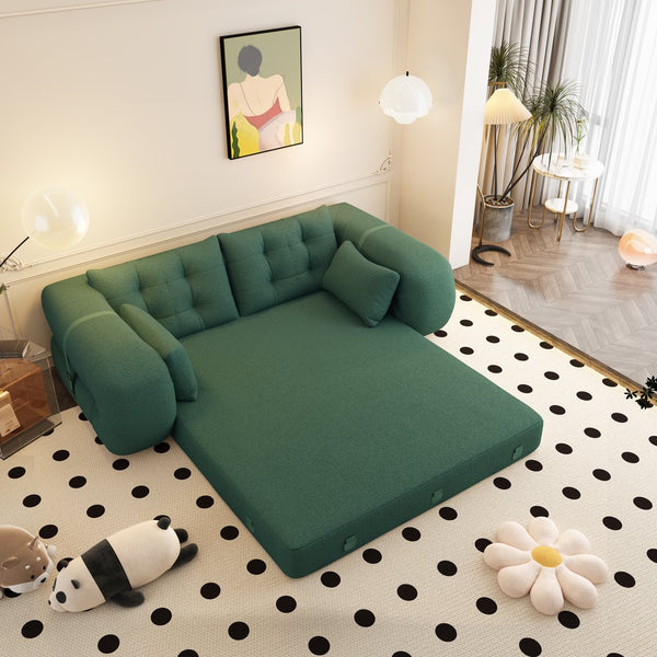 English Elm Human 78.7" Multi-Functional Foldable Sofa Bed – 3-in-1 Teddy Foam Sleeper, Removable Cushions, 2-Seater Guest Lounge Green W1885P277276