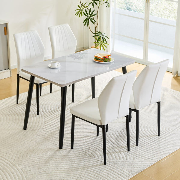 English Elm Table and Chair Set Marble Look Glass Top with Four Pu Shell Back Dining Seats W1151S04631