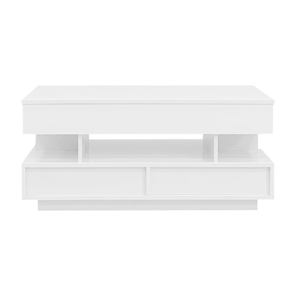 English Elm U-Can Lift-Top Coffee Table with LED Ambient Lighting, Dual Drawers and Adjustable Scalable Design White N724P290058K