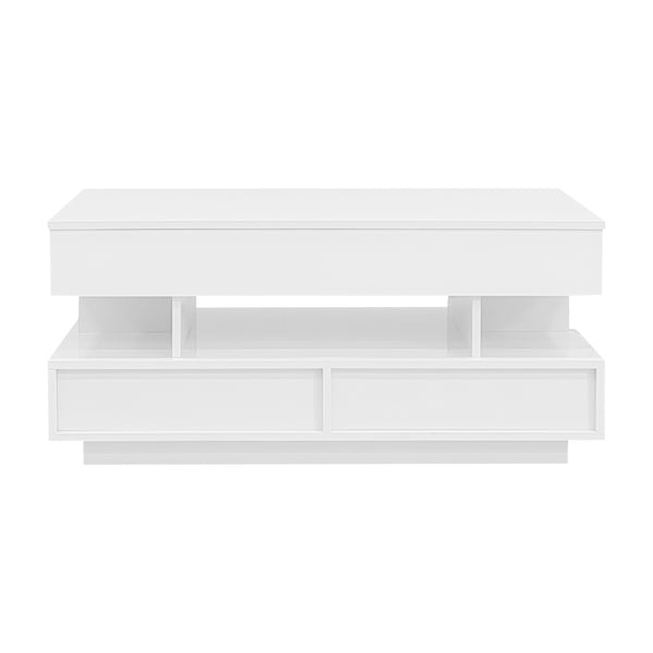 English Elm U-Can Lift-Top Coffee Table with LED Ambient Lighting, Dual Drawers and Adjustable Scalable Design White N724P290058K