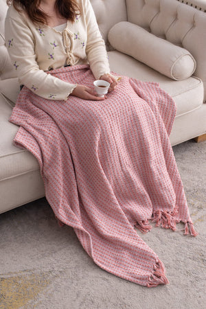 English Elm 50X60" Decorative Pink Cotton Throw Blanket Set With Tassels - Stylish, Soft, And Versatile Comfort! W2078P345504