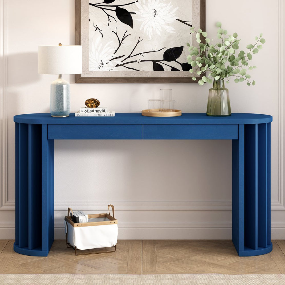 English Elm U_Style 59-inch Long Console Table with Oak Veneer Tops, 2 Drawers, Curved Modern Farmhouse Entryway Appeal Navy Blue N711P290711V