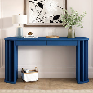 English Elm U_Style 59-inch Long Console Table with Oak Veneer Tops, 2 Drawers, Curved Modern Farmhouse Entryway Appeal Navy Blue N711P290711V