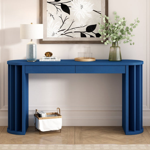 English Elm U_Style 59-inch Long Console Table with Oak Veneer Tops, 2 Drawers, Curved Modern Farmhouse Entryway Appeal Navy Blue N711P290711V