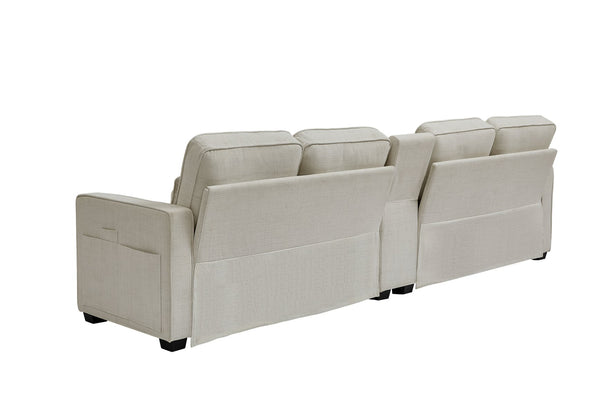 English Elm 114" Modern Upholstered Sofa with Console, Built-In USB & Cupholders, Durable Linen Fabric Comfort Beige W2353S00003