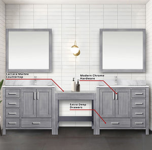 English Elm Distressed Grey Double Bath Vanity Set With Carrara Marble Top, Faucets & 34” Mirrors For Style B2731S01228