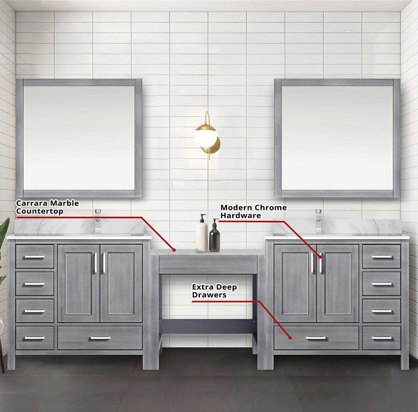 English Elm Distressed Grey Double Bath Vanity Set With Carrara Marble Top, Faucets & 34” Mirrors For Style B2731S01228