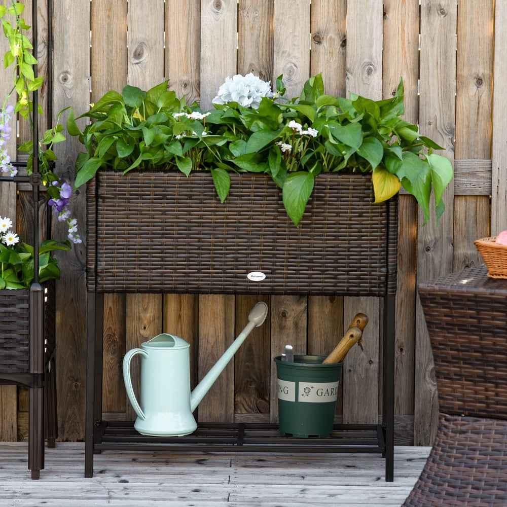 English Elm Outsunny Elevated Pe Rattan Planter Box with Tool Shelf for Herbs and Vegetables W2225P174037