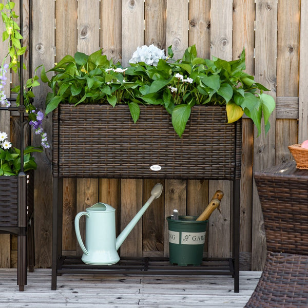 English Elm Outsunny Elevated Pe Rattan Planter Box with Tool Shelf for Herbs and Vegetables W2225P174037