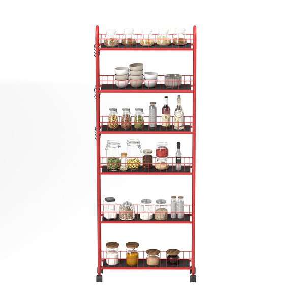 English Elm Red 6-Tier Rolling Cart Slim Slide-Out Storage Tower with Wheels, Lockable, Heavy-Duty Metal Rack W2167P195981