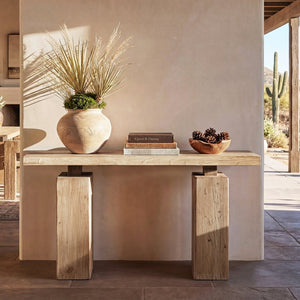 English Elm Calder Reclaimed Elm Plinth Console Table Sculptural Entryway Accent in Warm Brown B2719P474447