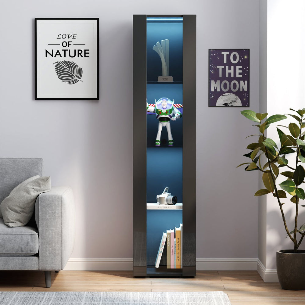 English Elm Black side cabinet with aluminum strip lamp, 170cm tall storage tower w/ LED strips, melamine finish W33140088