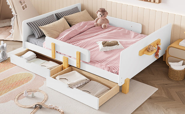 English Elm Twin Low Profile Kids Floor Bed Pine Wood Frame with Safety Rail and Built in Bookshelf Light White W1580P373244