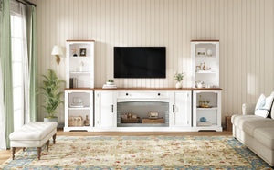 English Elm 3-piece Farmhouse Entertainment Center with Curved Cabinets Walnut Mdf Modular Living Room White N721S000068K