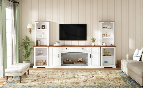 English Elm 3-piece Farmhouse Entertainment Center with Curved Cabinets Walnut Mdf Modular Living Room White N721S000068K