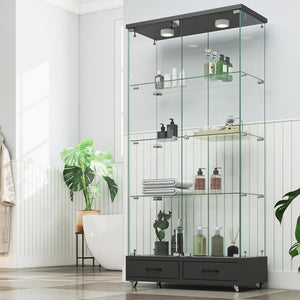 English Elm Modern Glass Display Cabinet With Led Lighting & Drawers – Elegant Black Storage Solution For Home W241P268282