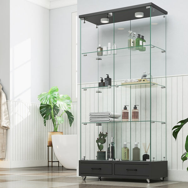 English Elm Modern Glass Display Cabinet With Led Lighting & Drawers – Elegant Black Storage Solution For Home W241P268282