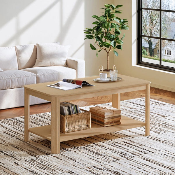 English Elm Arc Corner Oak Coffee Table with Open Shelf Wave Grain Legs Modern Living Room Accent W5563P449955