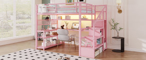 English Elm Full Size Steel Loft Bed with Staircase Storage Wardrobe Desk and Led Lighting Pink W2593S00077