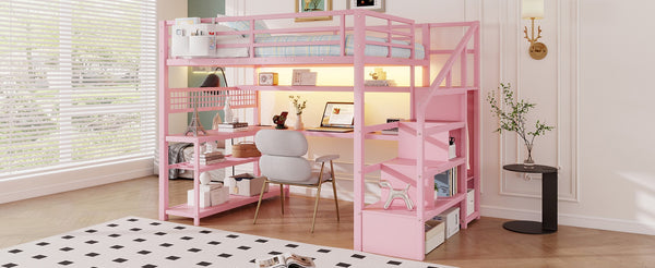 English Elm Full Size Steel Loft Bed with Staircase Storage Wardrobe Desk and Led Lighting Pink W2593S00077