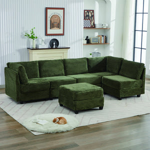 English Elm Corduroy Plush U-Shaped Sectional Sofa with Storage Ottoman, Pet-Friendly Durable Modular Comfort Green W2915S00065