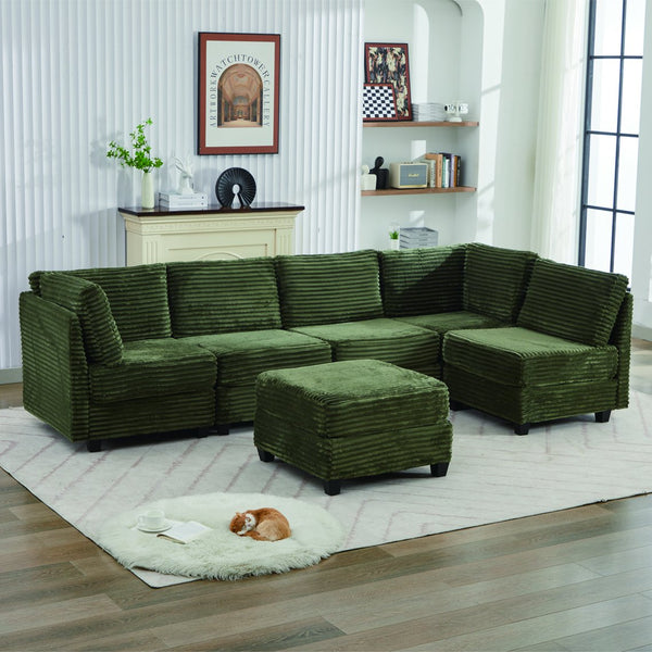 English Elm Corduroy Plush U-Shaped Sectional Sofa with Storage Ottoman, Pet-Friendly Durable Modular Comfort Green W2915S00065