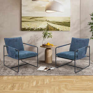 English Elm Accent Chair Mid-Century Rattan Arms Set of 2 with Rubber Wood Legs, Plush Fabric Seat, Cozy Lounge Dark Blue T3950P397482