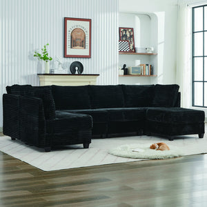 English Elm Corduroy Plush U-Shaped Sectional Sofa with Storage Ottoman, Pet-Friendly Durable Modular Comfort Black W2915S00063
