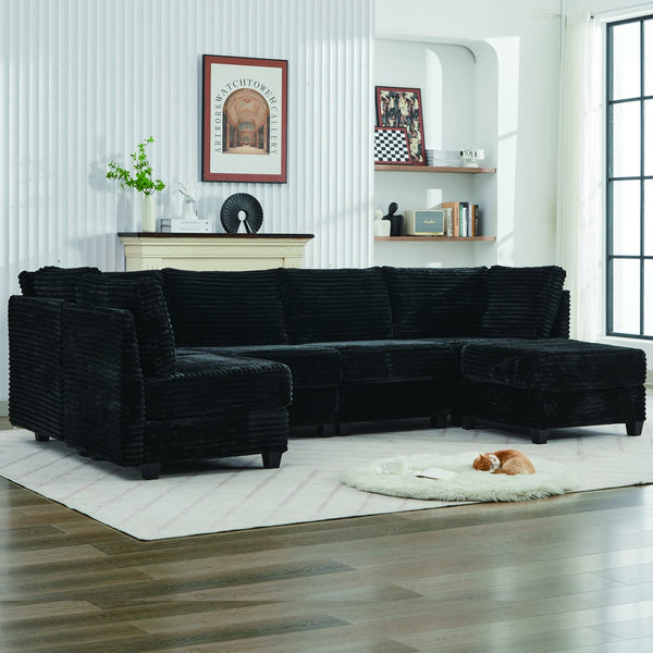 English Elm Corduroy Plush U-Shaped Sectional Sofa with Storage Ottoman, Pet-Friendly Durable Modular Comfort Black W2915S00063