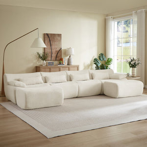English Elm Sectional U-shaped Corduroy Sofa with Ottoman Convertible Layout for Any Living Room Cream W2339S00155