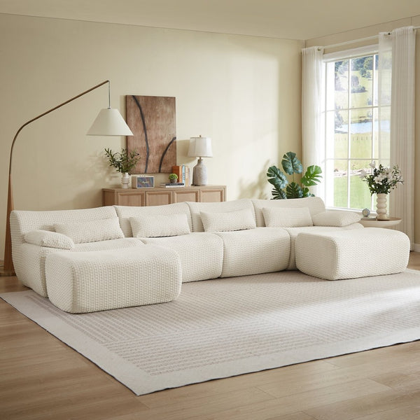 English Elm Sectional U-shaped Corduroy Sofa with Ottoman Convertible Layout for Any Living Room Cream W2339S00155