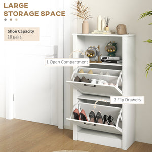 English Elm HOMCOM Narrow Shoe Storage Cabinet with Open Shelf & 2 Flip Drawers, Adjustable Shelves, White W2225P173976