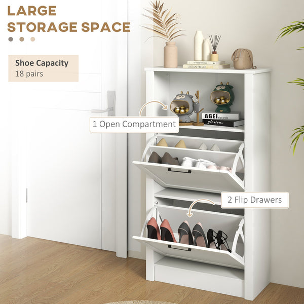 English Elm HOMCOM Narrow Shoe Storage Cabinet with Open Shelf & 2 Flip Drawers, Adjustable Shelves, White W2225P173976