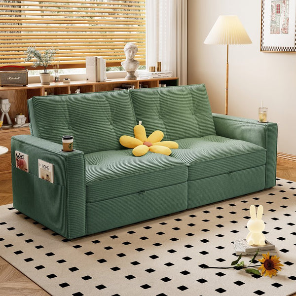 English Elm SOMNUS Convertible Sofa Bed with Corduroy Upholstery, Space-Saving 2-in-1 Design, Durable Steel Frame Green W3820S00011