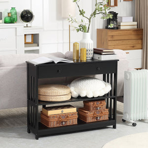 English Elm HOMCOM Narrow Console Table with Extra Wide Drawer, Slatted Frame, 2 Open Shelves & Anti-Tip Safety Black W2225P249592
