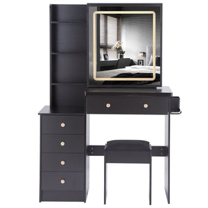 English Elm 37" Vanity Table Set with Led Mirror Stool Built-in Outlets and Hair Dryer Storage Black W3258P448844