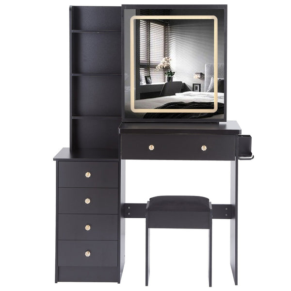 English Elm 37" Vanity Table Set with Led Mirror Stool Built-in Outlets and Hair Dryer Storage Black W3258P448844