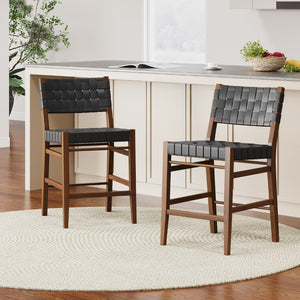 Christopher Knight Home® - Noble House - - 24.25'' Classic Counter Stools Set Of 2,Black Pu Counter Stools With Rubberwood Frame,Leather Cross-Woven Back And Seat Surface,Suitable For Kitchen/Bedroom/Dining Room